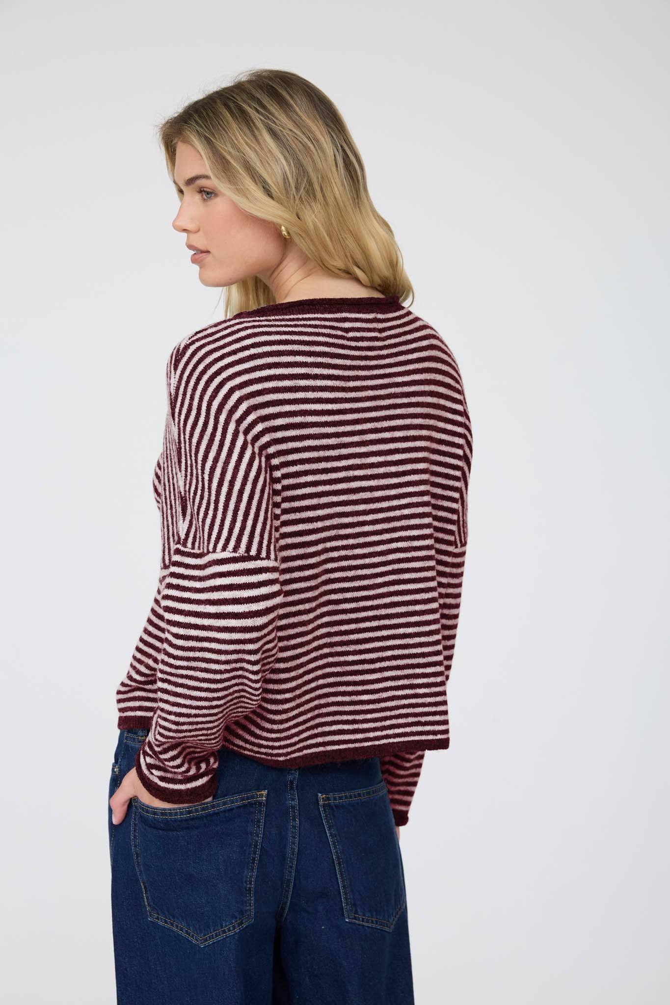 Stripe Raw Edge Drop Shoulder Cardigan