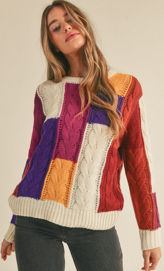 Josie Round Neck Color Block Sweater-Ivory Fuchsia Multi