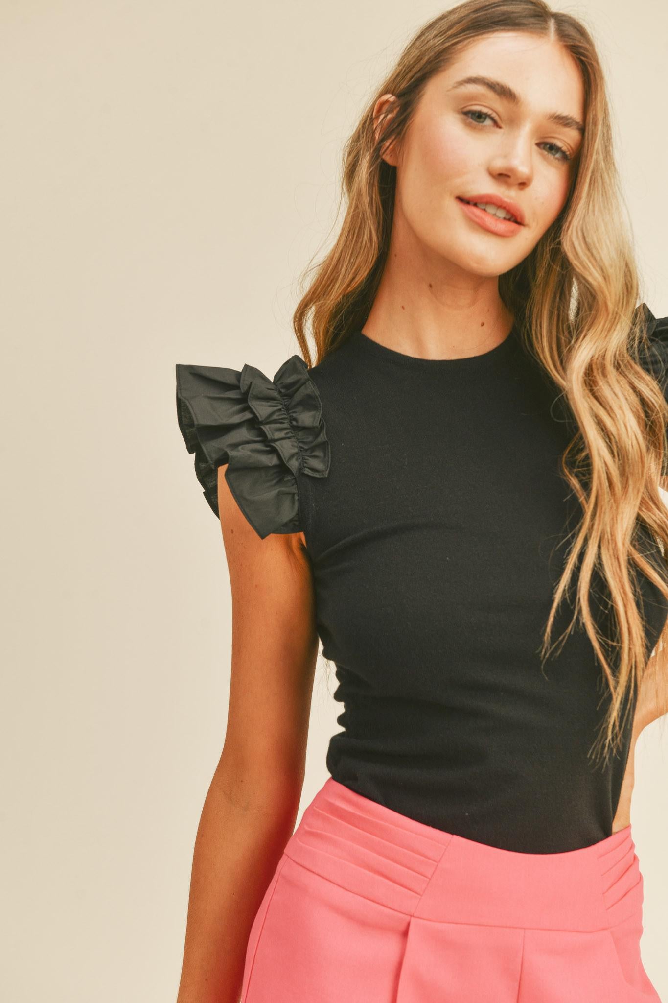 Contrast Shoulder Ruffle Knit Top