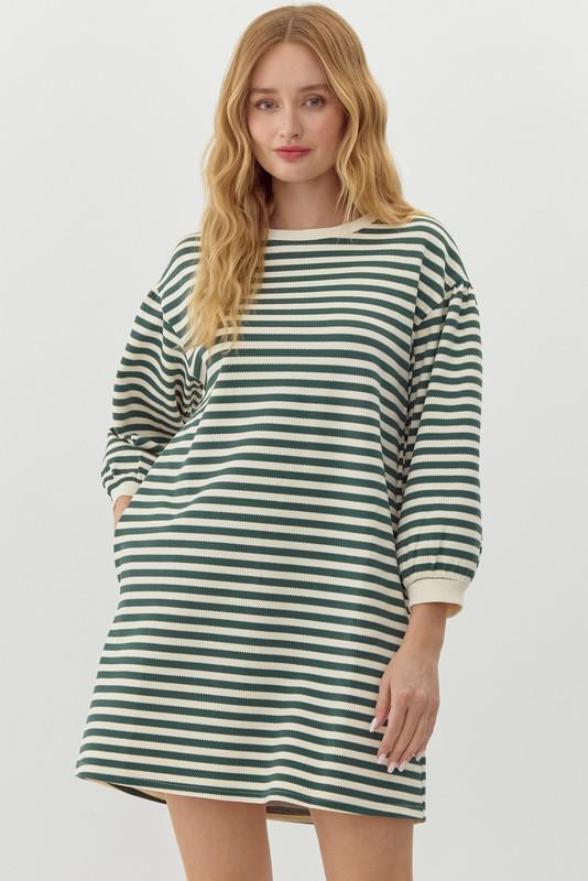 Hunter Green Striped 3/4 Sleeve Dress