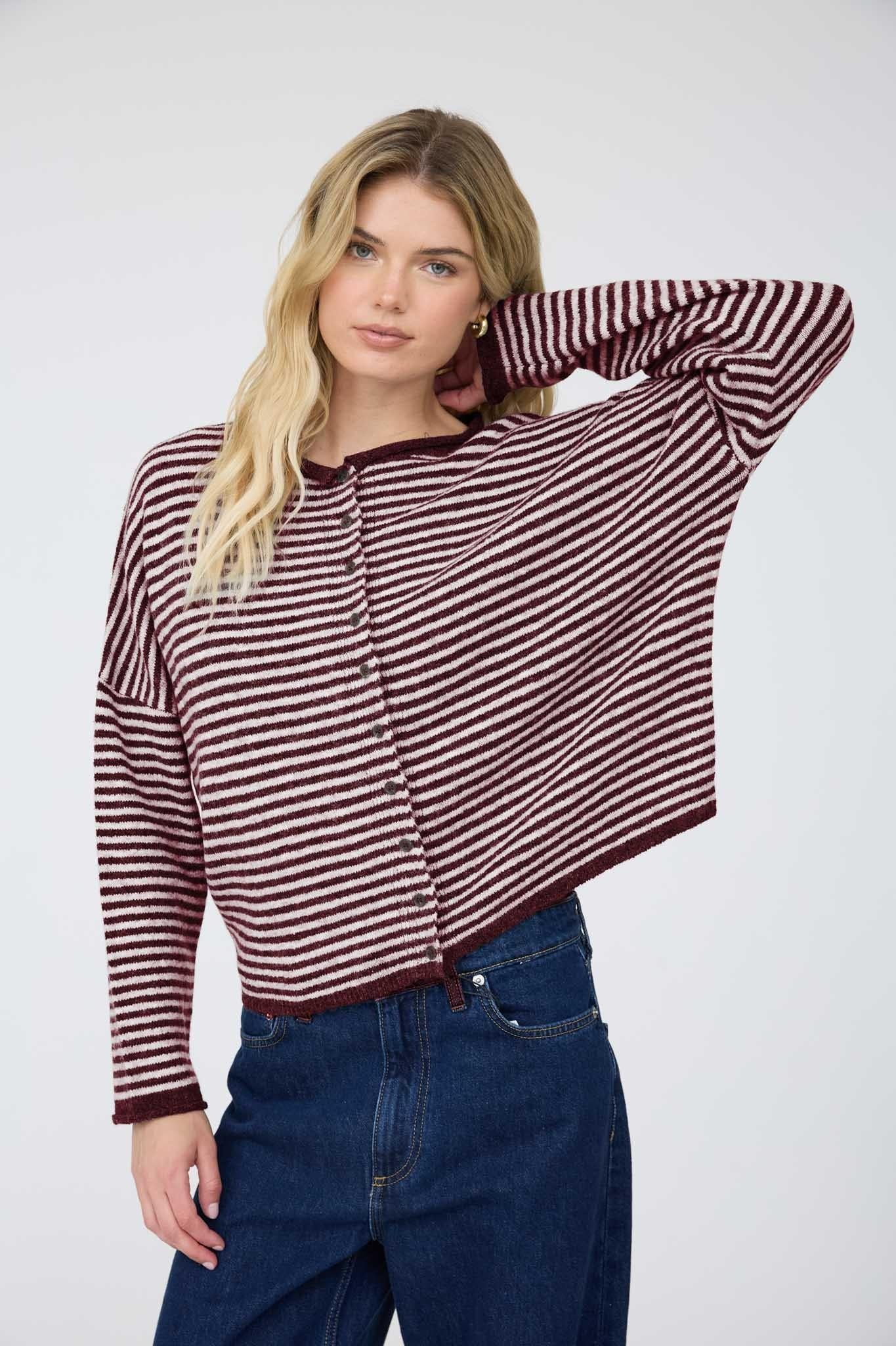 Stripe Raw Edge Drop Shoulder Cardigan