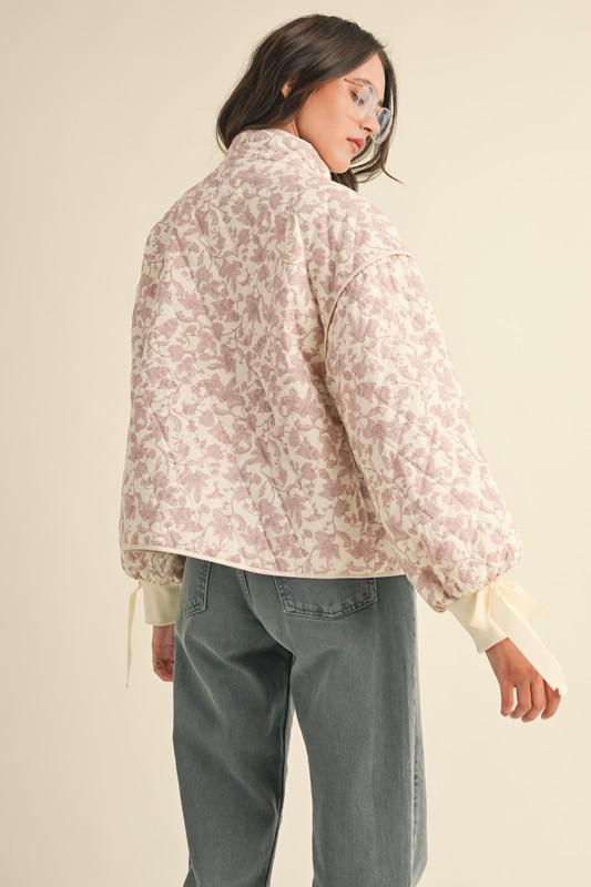 Floral Quilted Jacket With Bow Tie Ribbon Detail