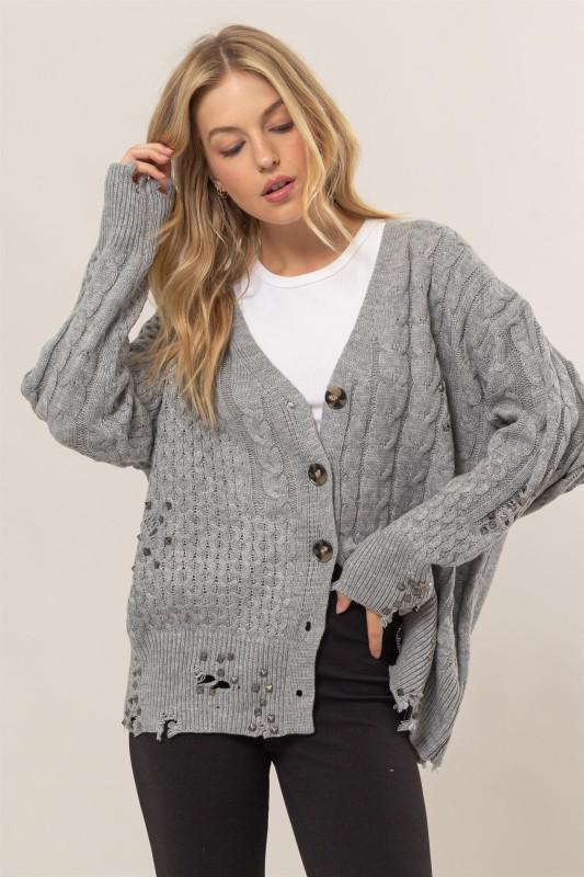 Distressed Cable Knit Cardigan