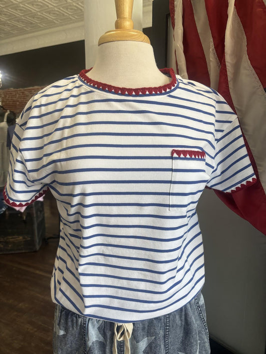 Blue & White Striped w/ Red Trim