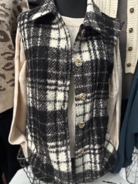 Black & Cream Plaid Boucle Vest