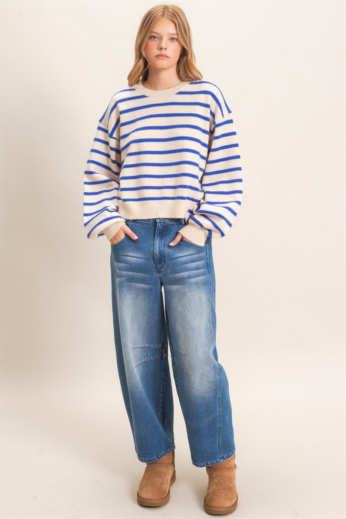 Striped Ribbed Crew Neck Sweater