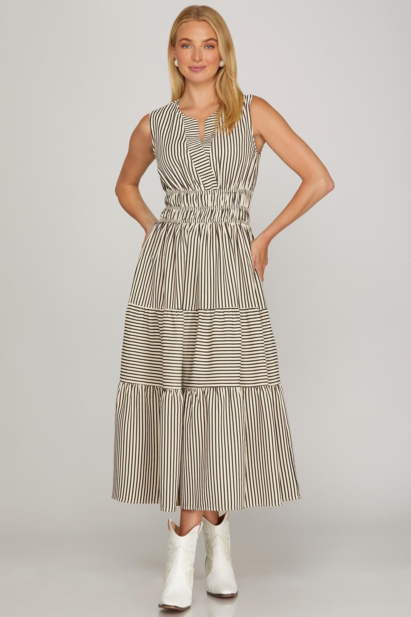 Sleeveless Striped Tiered Dress