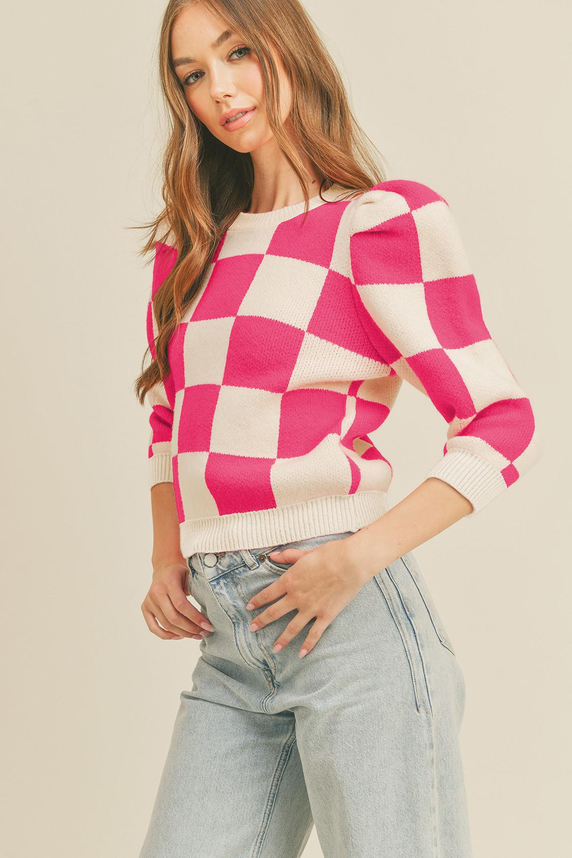 Checker Knit Sweater with Puff Sleeves - Pink
