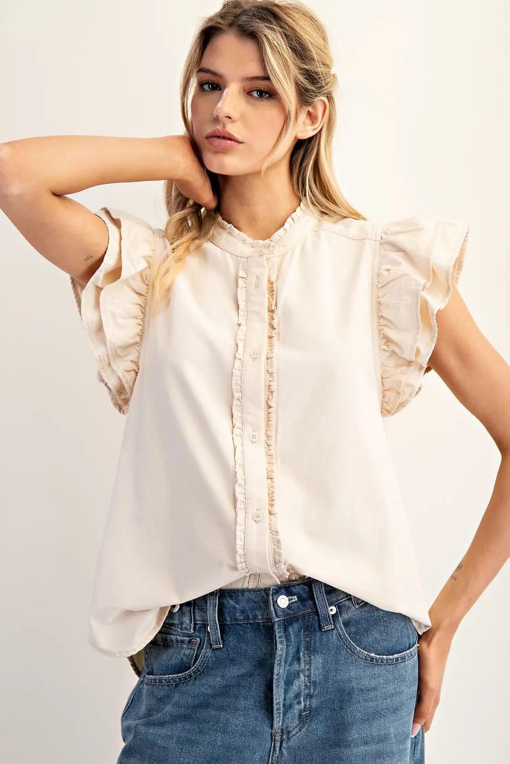 Washed Ruffle Trim Flutter Sleeve Blouse