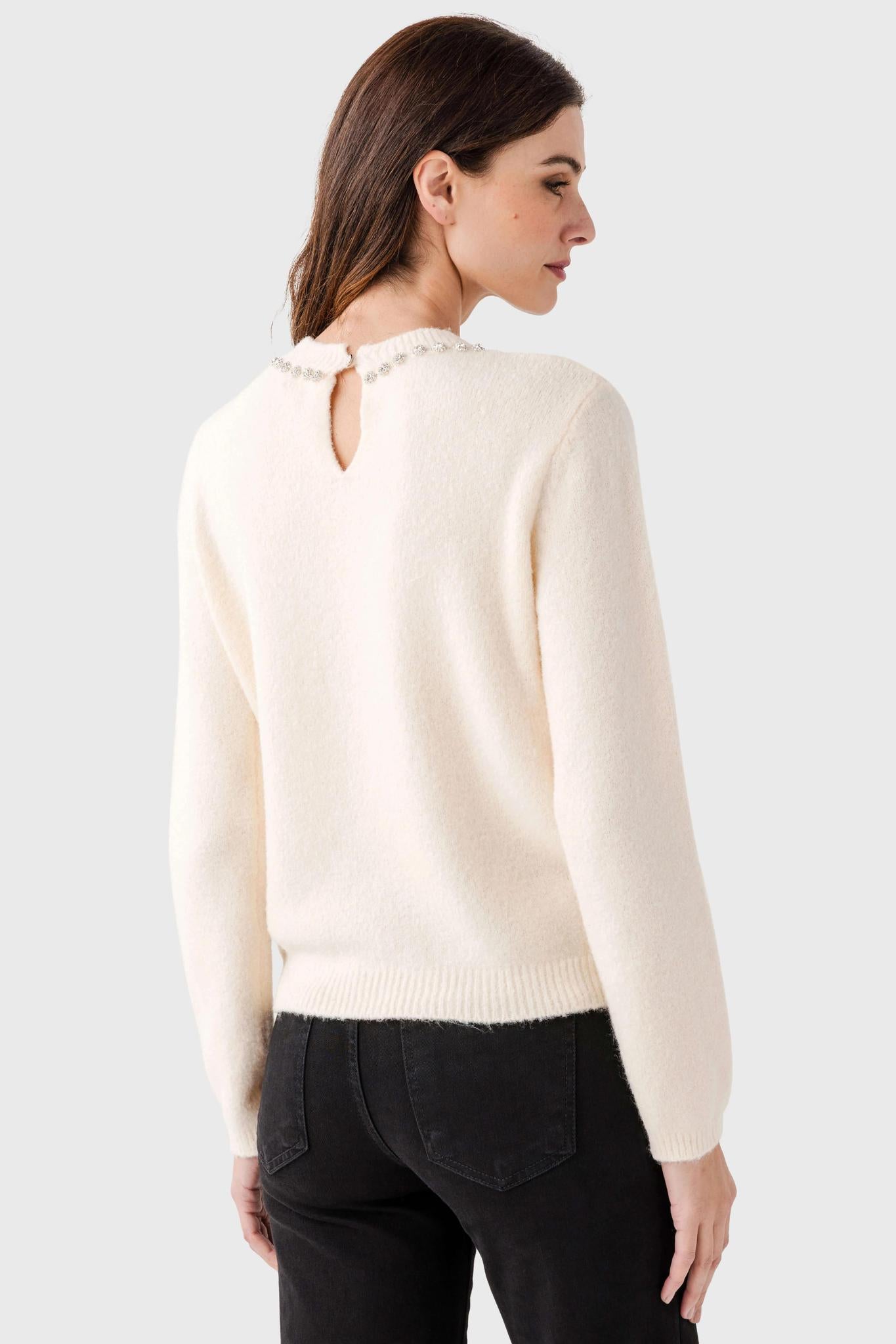 Jewel Neck Detail Keyhole Back Sweater Pullover