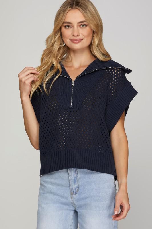 Collared Drop Shoulder Half Zip Sweater Top-Navy