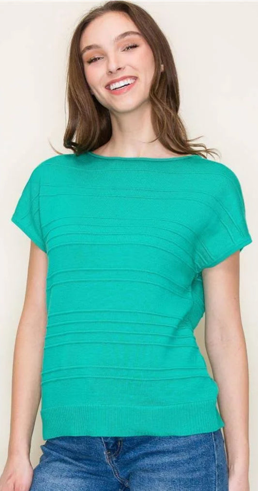 Wide Neck Pintucked Stripe Short Sleeve Sweater - Kelly Green