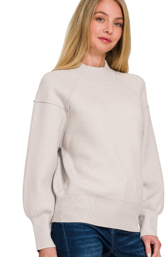 Viscose Mock Neck Exposed Seam Sweater-Bone