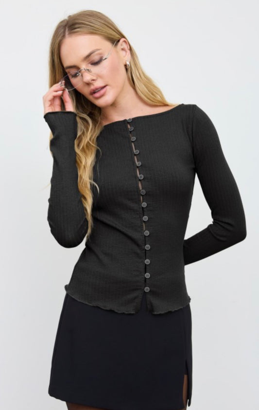 Ribbed Crew Neck Button Down Long Sleeve Knit Top
