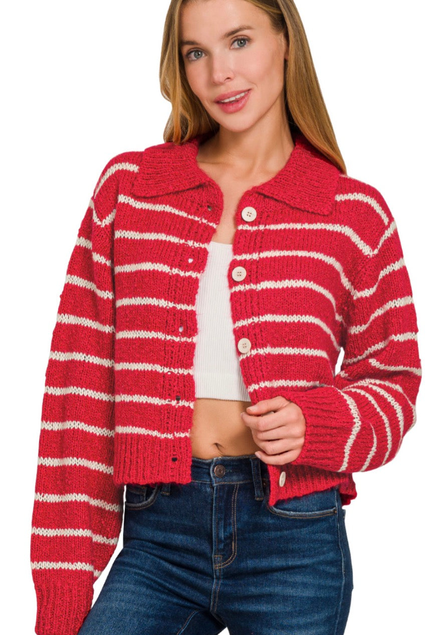 Striped Collared Button Cardigan