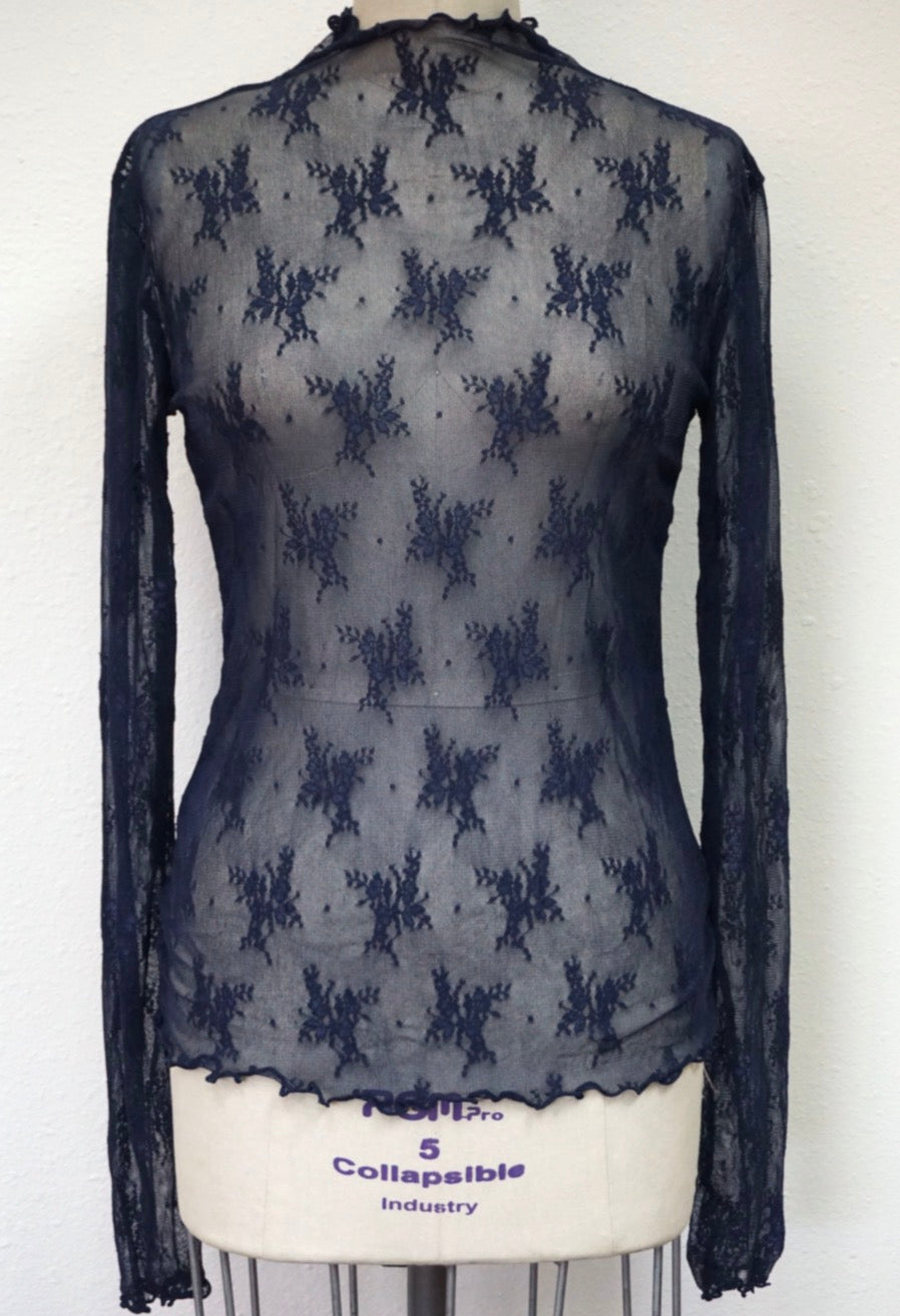 Lace Fabric Mock Neck Long Sleeve Top