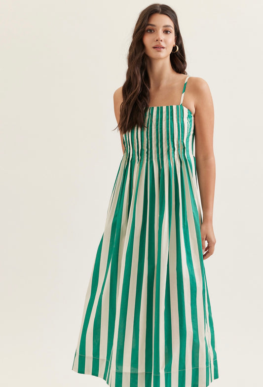 Striped Gathered Spaghetti Strap Dress