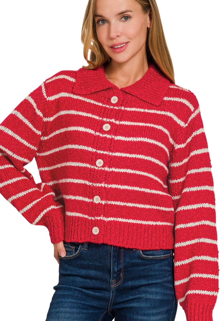 Striped Collared Button Cardigan