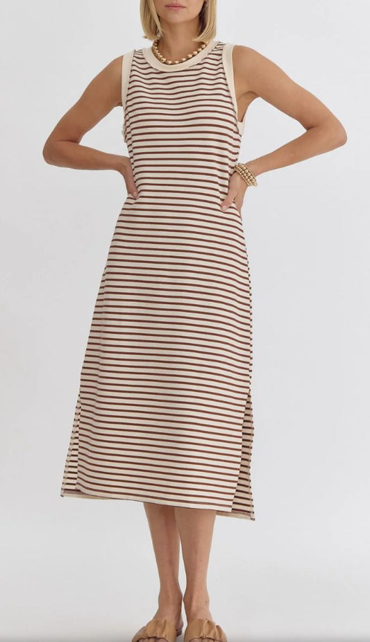 Striped Sleeveless Midi Dress - Mocha & Cream