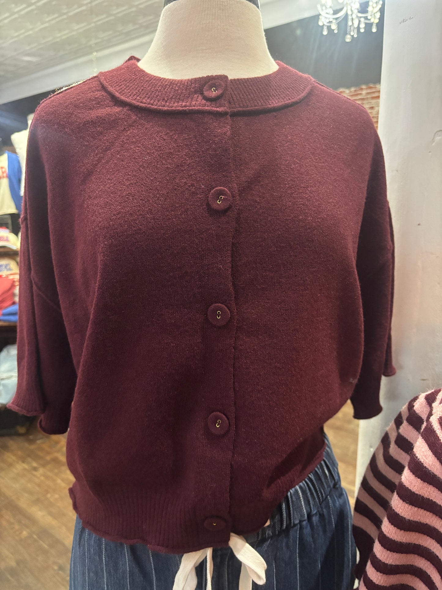 Wine Cloth Covered Button Short Sleeve Sweater