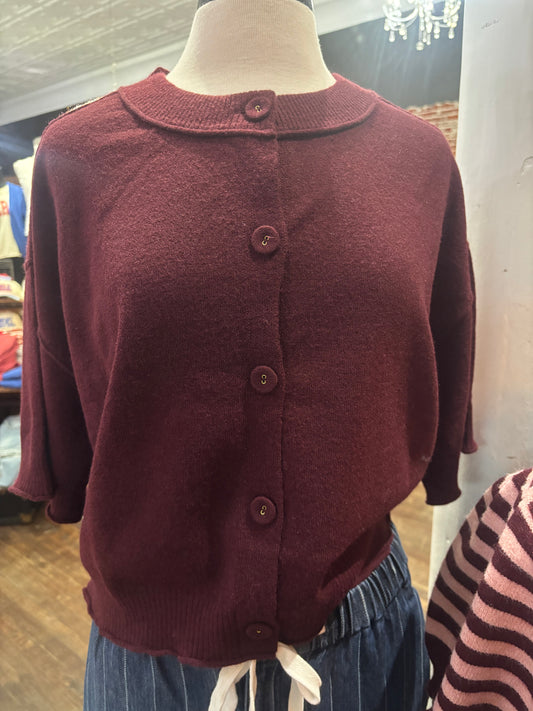 Wine Cloth Covered Button Short Sleeve Sweater