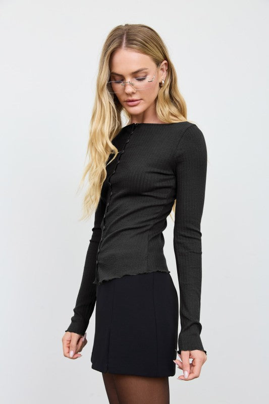 Ribbed Crew Neck Button Down Long Sleeve Knit Top