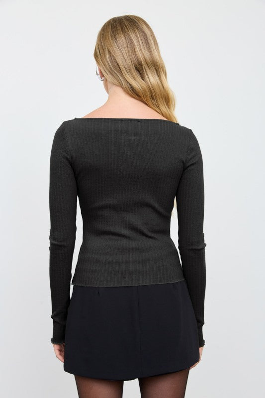 Ribbed Crew Neck Button Down Long Sleeve Knit Top