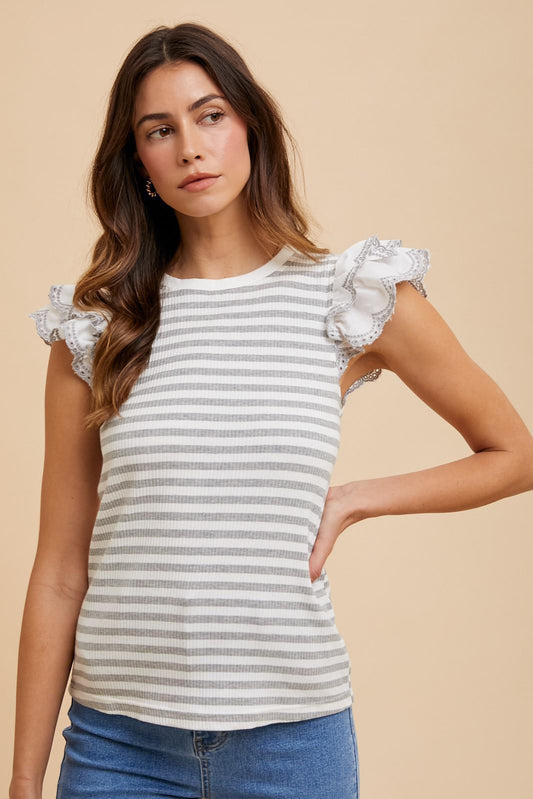 Eyelet Double Ruffle Sleeve Stripe Knit Top