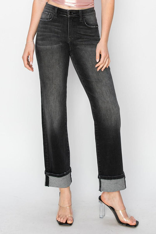 High Rise Boyfriend Turn Up Cuff Jeans - Black