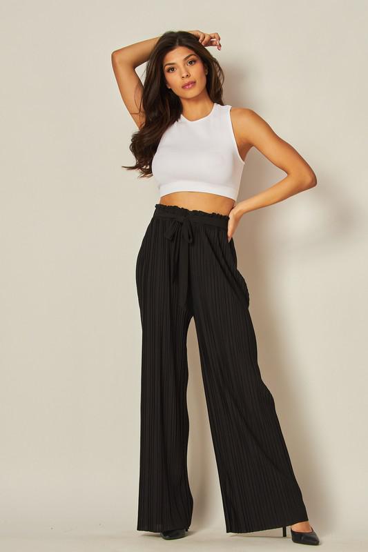 Pleated Paper Bag Self Tie Wide Leg Pants