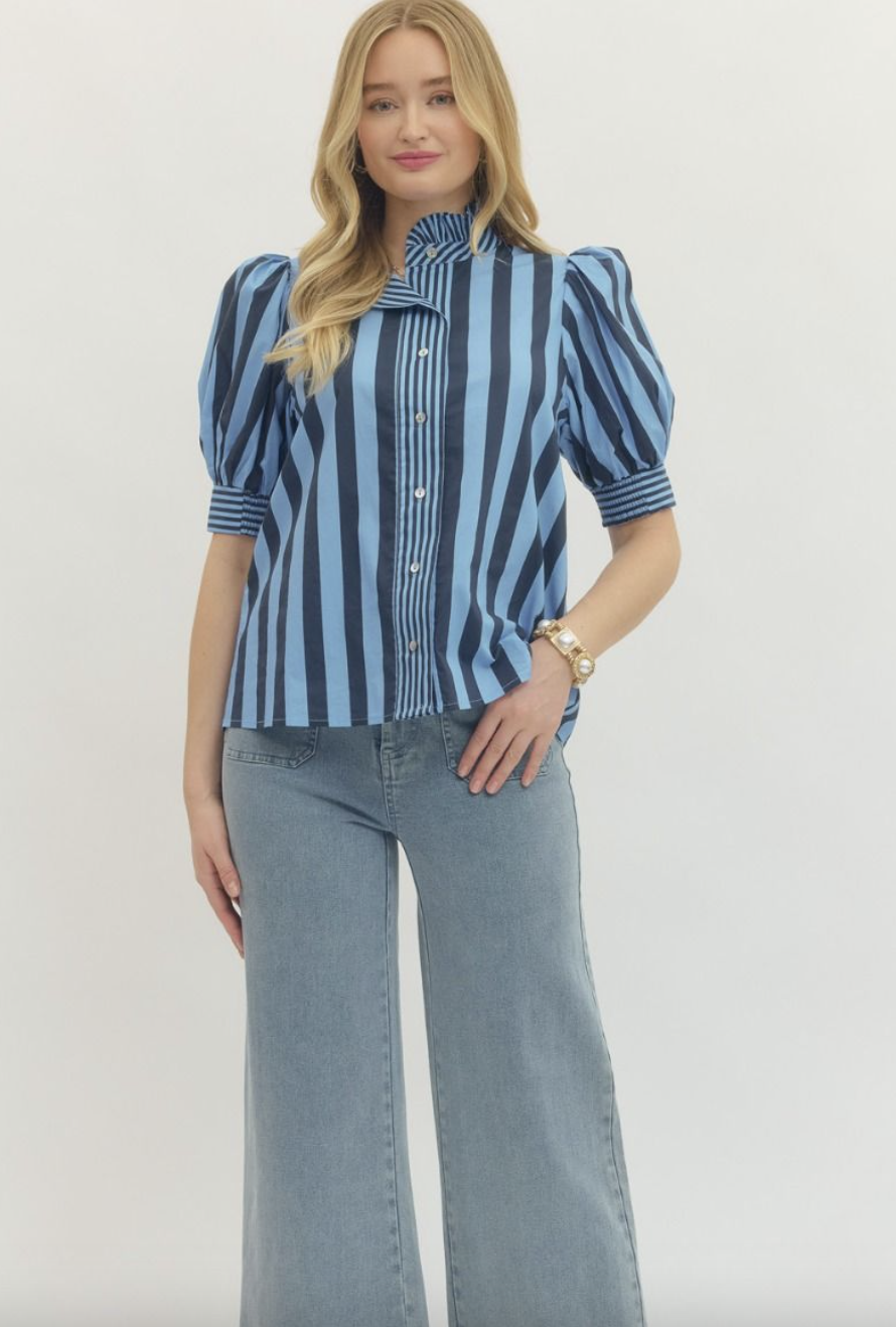 Striped Print Short Puff Sleeve
