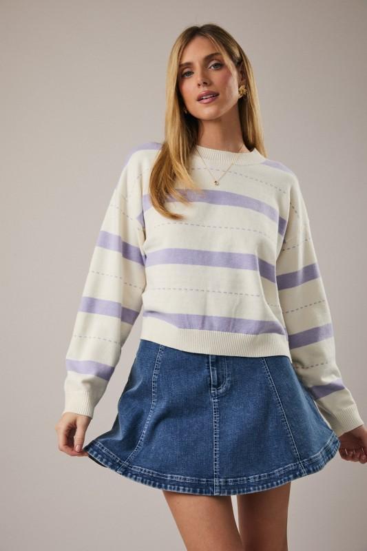 Round Neck Stitch Printed Stripe Sweater