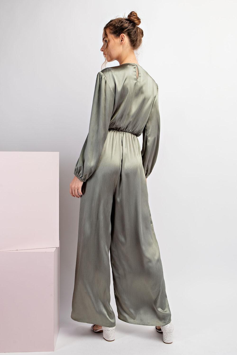 Satin V-Neck Long Sleeve Jumpsuit