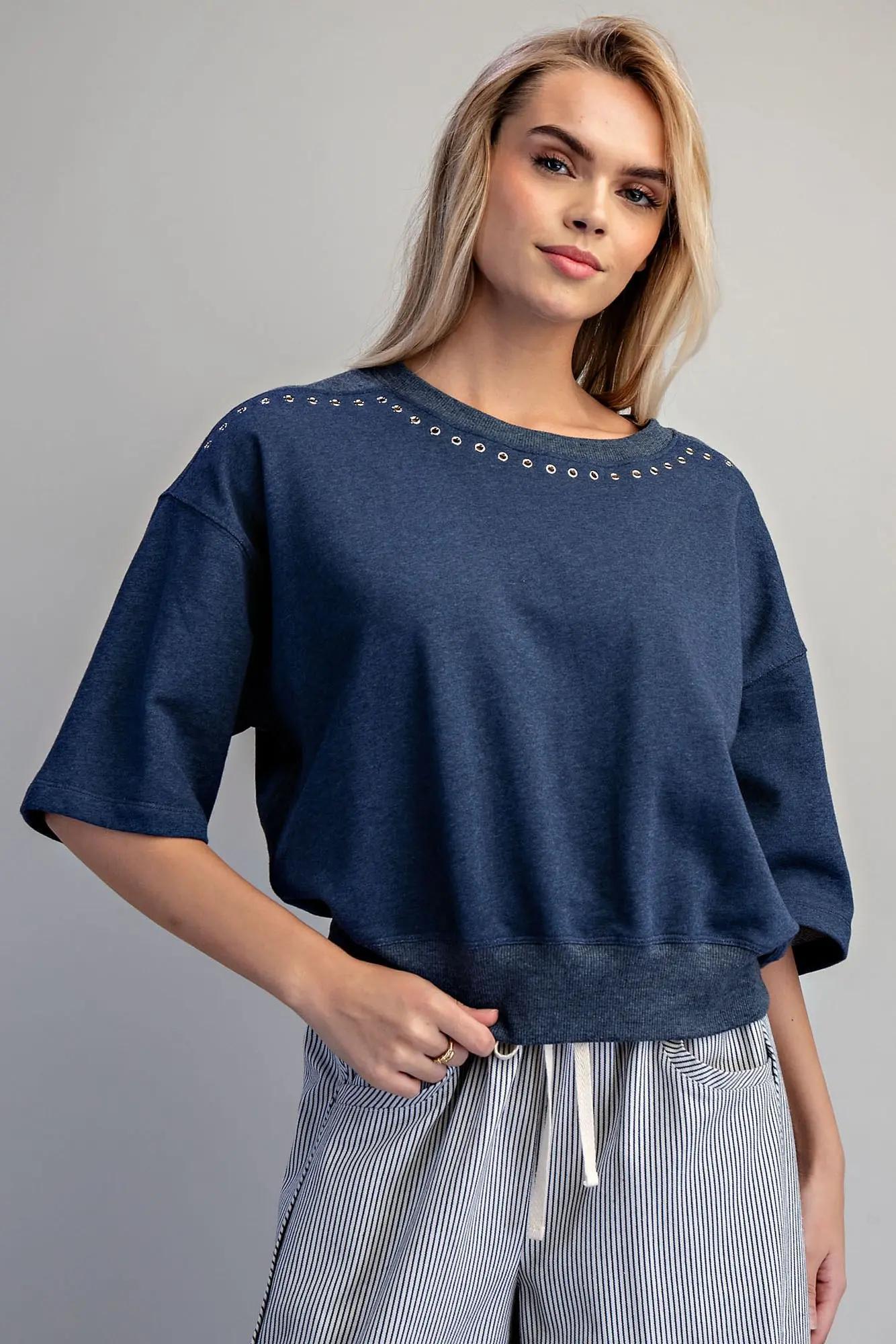 Grommet Detail Short Sleeve Sweatshirt