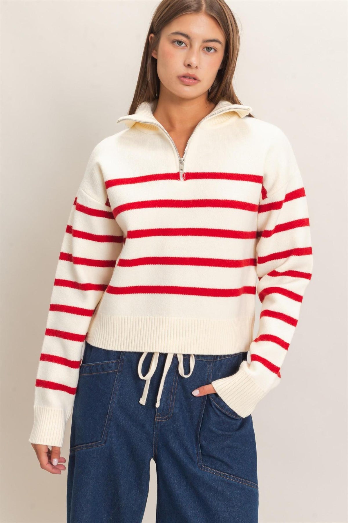Half-zip Collared Stripe Sweater