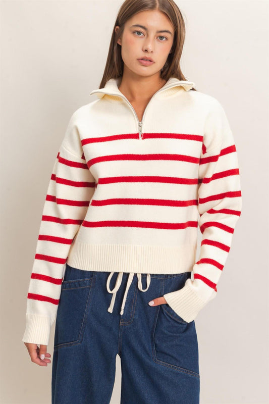 Half-zip Collared Stripe Sweater