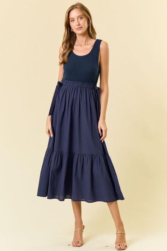 Side Tie Midi Dress-Navy