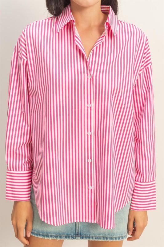 Cotton Poplin Striped Button Up-Pink