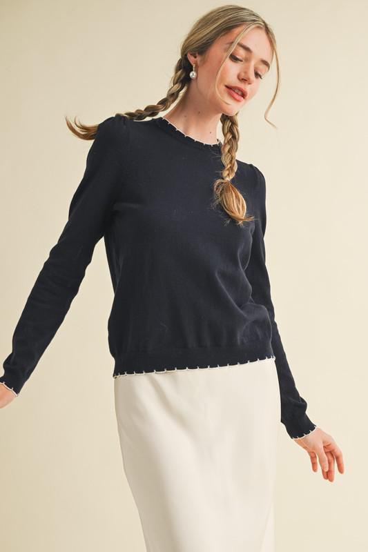 Contrast Knit Scalloped Edge Sweater