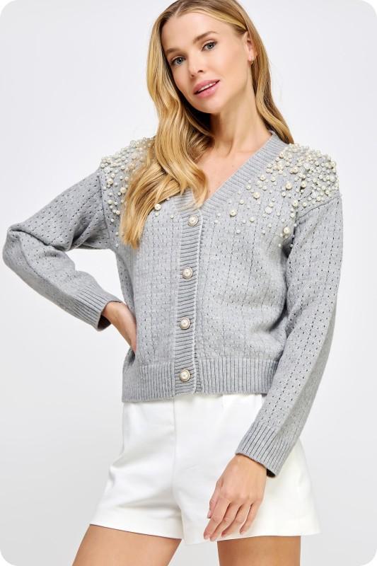 Pearl Studded Eyelet Knit Cardigan Sweater