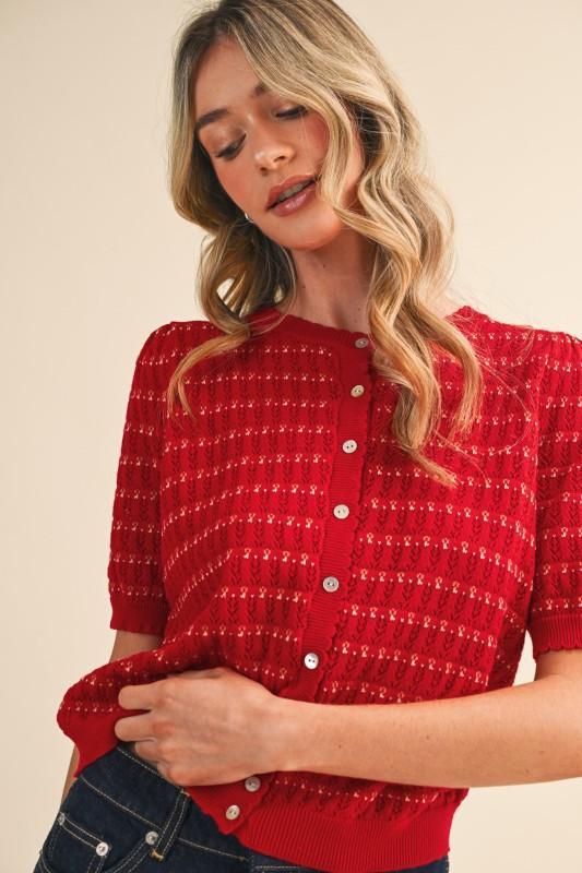 Pointelle Short Puff Sleeve Button Down Sweater
