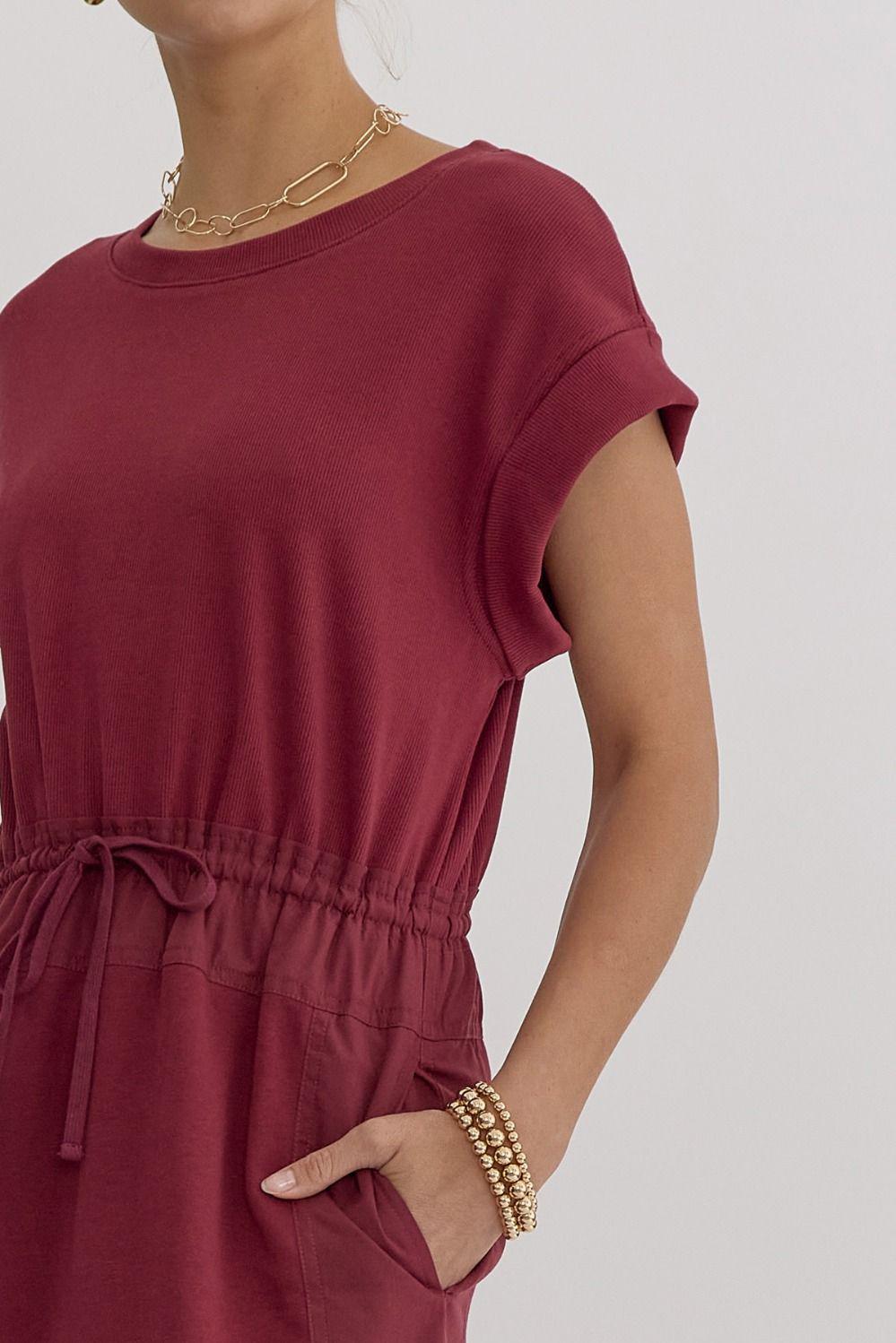 Short Sleeve Drawstring Dress -Garnet