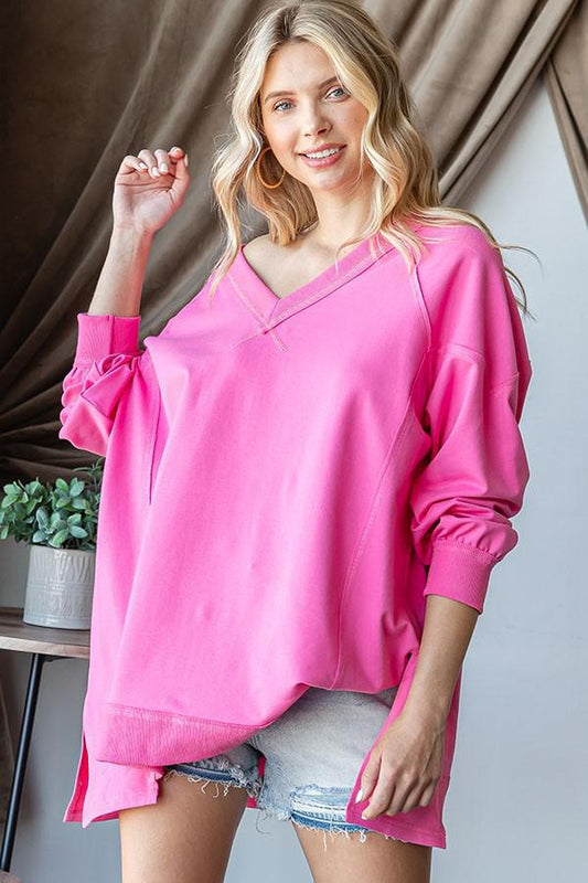 V Neck Raw Edge Long Sleeve Loose Fit Top - Pink