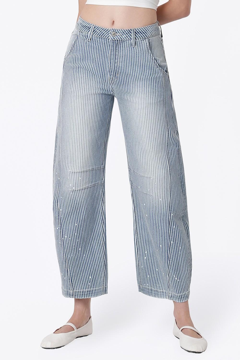 Striped Barrel Leg Jeans With Paint Splash