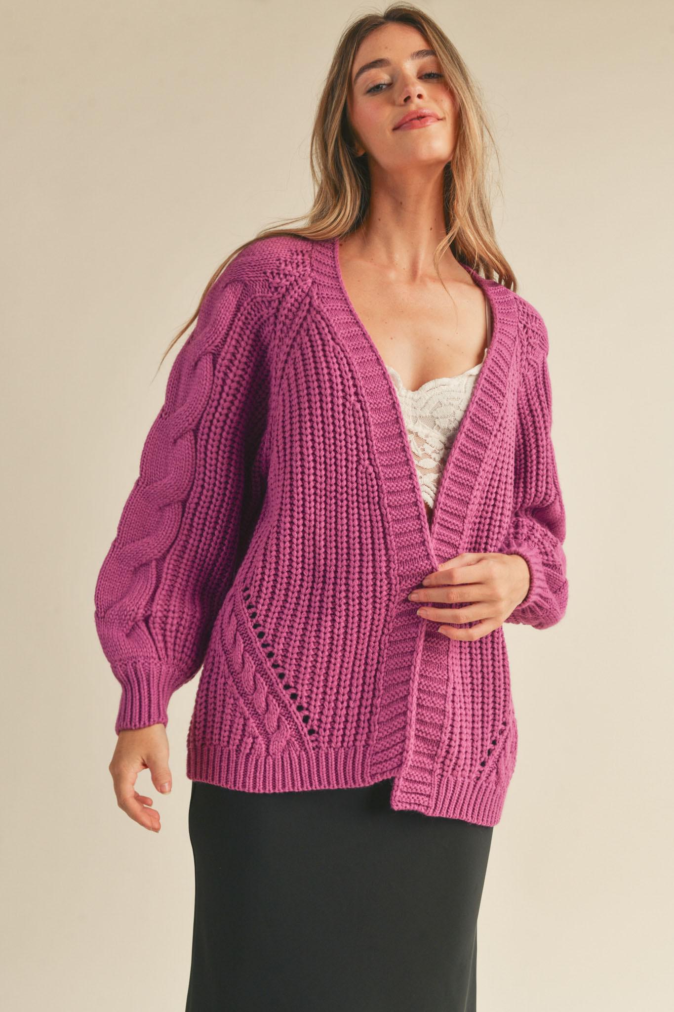 Open Front Cable Knit Sweater - Orchid