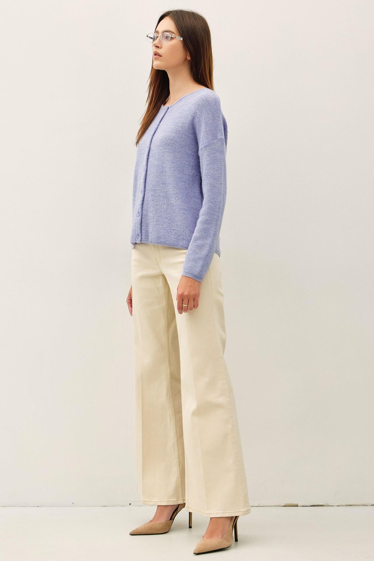 Round Neck Wool Ribbed Cardigan