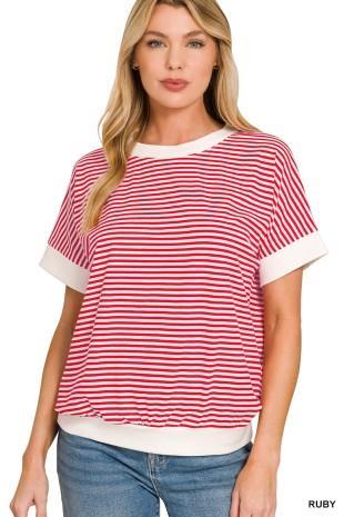 Stripe Contrast Trim Rib Banded Top