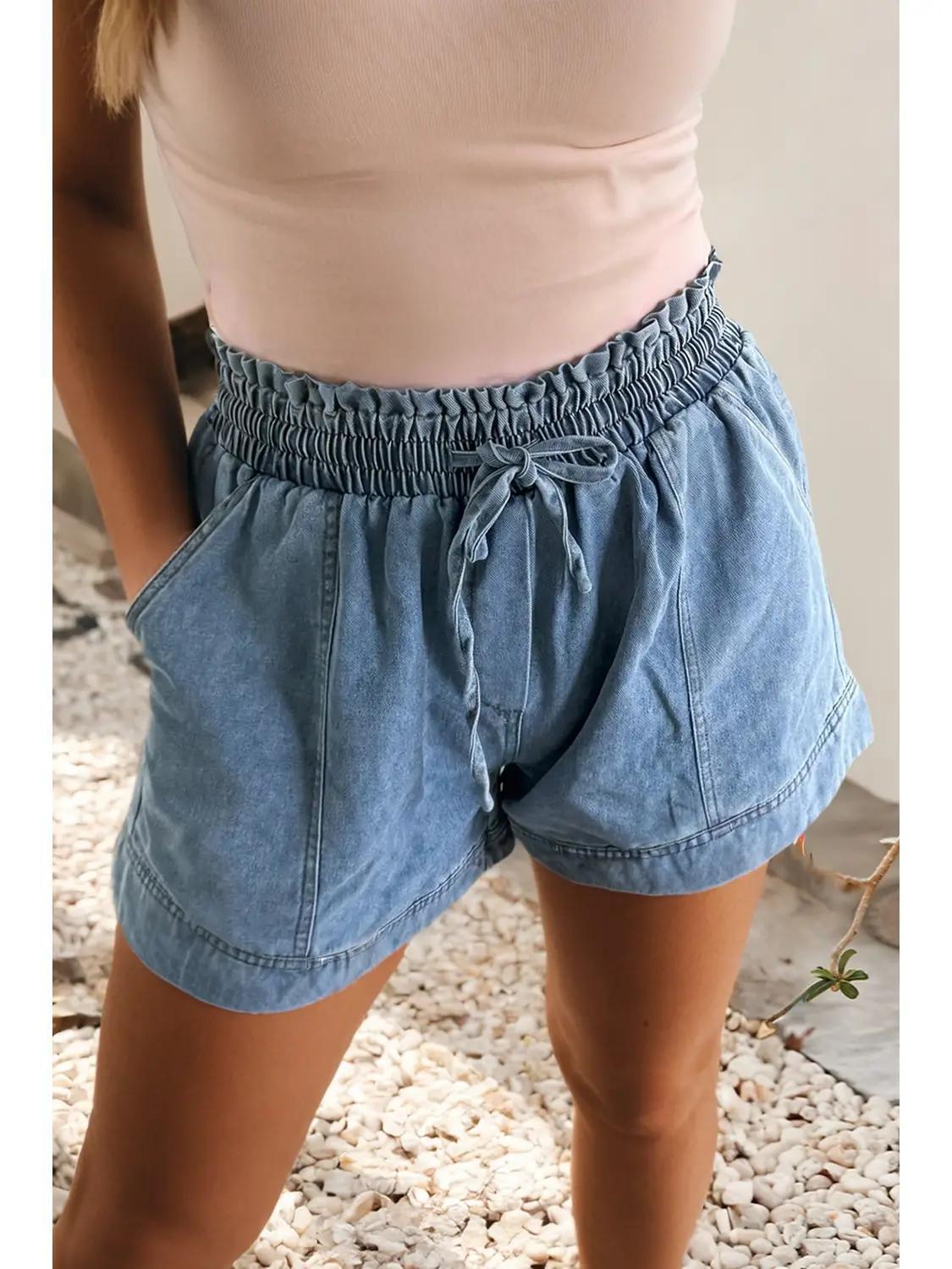 Smocked Elastic Waist Denim Shorts