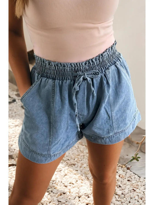 Smocked Elastic Waist Denim Shorts