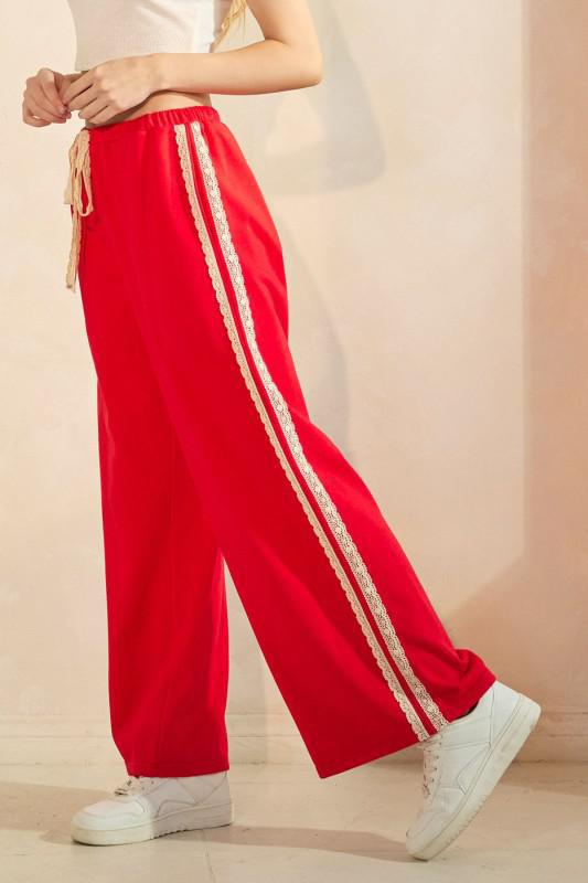 Lace Striped Elastic Waist Terry Sweatpants
